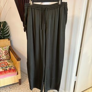 ZARA Wide Leg Satin Elastic Waist Deep Olive Brown Pants! Excellent Condition! L